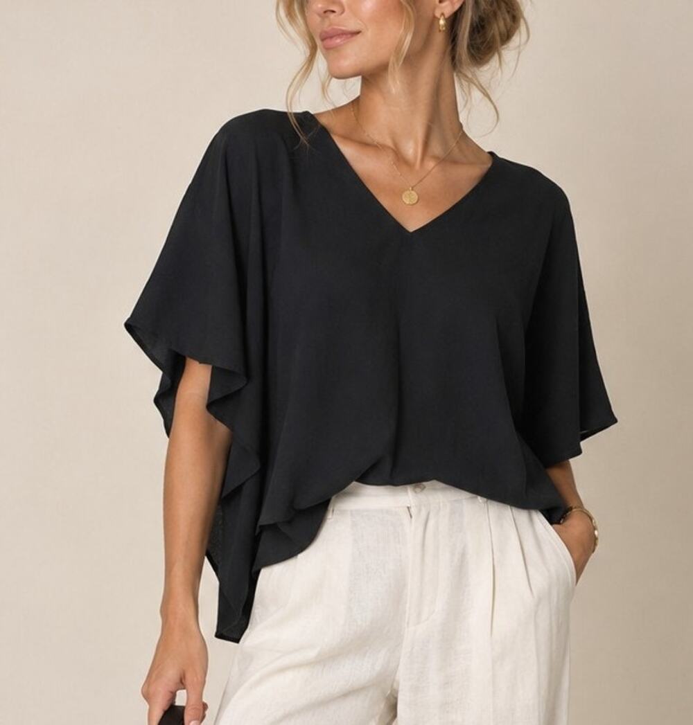 Babaton Hamish Dolman V-Neck Blouse Top Womens M Black Minimalist Quiet Luxury